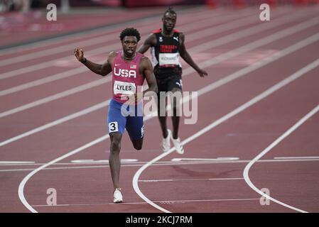 Noah Lyles wins the bronze at 200 meter for men at the Tokyo Olympics, Tokyo Olympic stadium, Tokyo, Japan on August 4, 2021. (Photo by Ulrik Pedersen/NurPhoto) Stock Photo