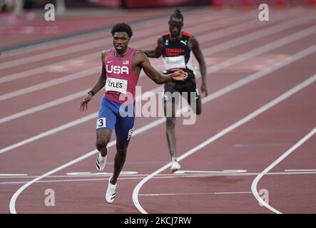 Noah Lyles wins the bronze at 200 meter for men at the Tokyo Olympics, Tokyo Olympic stadium, Tokyo, Japan on August 4, 2021. (Photo by Ulrik Pedersen/NurPhoto) Stock Photo