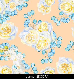 White flowers and transparent turquoise eucalyptus branches seamless watercolor pattern. Blooming roses and orchids endless background for fabric and Stock Photo