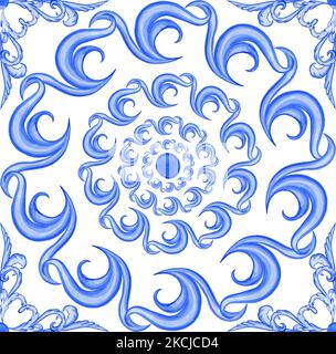 Majolica seamless pattern. Sicilian hand drawn blue ornament. Traditional blue and white ceramic tiles. Portuguese traditional azulejo pattern. Morocc Stock Photo