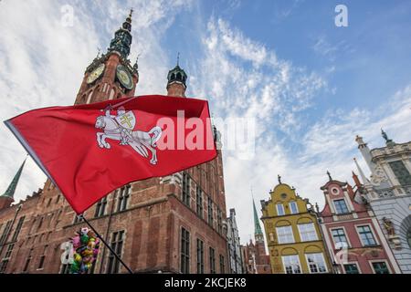 Pahonia or Pogon traditional state emblem of the Belarusians is seen in Gdansk, Poland on 9 August 2021 . People, mostly Belarusians living in Poland, protest to solidarity with their relatives and friends in Belarus, who protest over a year now after the rigged presidential elections. (Photo by Michal Fludra/NurPhoto) Stock Photo