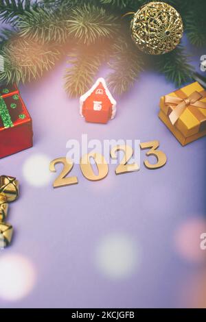 Christmas background with fir tree and decor. Top view with copy space , Christmas composition. Stock Photo