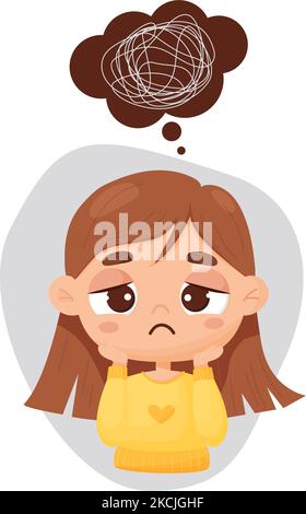 Sad pensive cute girl. Above her is bubble with confused thoughts and search for an answer. Vector illustration in cartoon style. Psychological concep Stock Vector