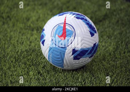 An official Nike Serie A Matchball during the warm up prior to the pre-season friendly match between Juventus and Atalanta BC at Allianz Stadium on August 14, 2021 in Turin, Italy. (Photo by Giuseppe Cottini/NurPhoto) Stock Photo