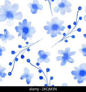 Blue watercolor flowers seamless pattern. Endless hand drawn floral background. For fabric and wallpaper. Stock Photo
