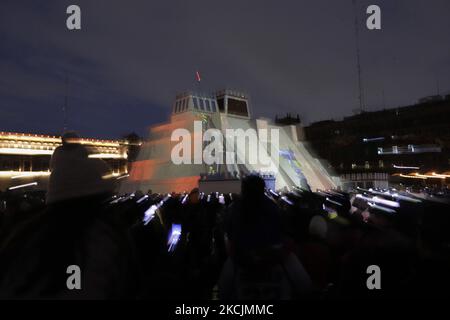 Videomapping show projected on a Huey Teocalli, a model installed in the Historic Center of Mexico City, which represents the religious and political center of the Mexica of what was the city Tenochtitlan, which is part of the commemoration of 500 years of indigenous resistance and Spanish invasion in Mexico. (Photo by Gerardo Vieyra/NurPhoto) Stock Photo