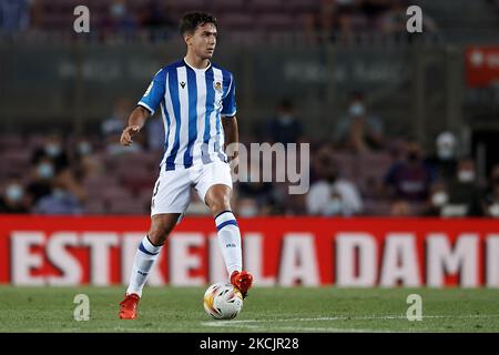 Martin Zubimendi of Real Sociedad in action during the La Liga Santader match between FC Barcelona and Real Sociedad at Camp Nou on August 15, 2021 in Barcelona, Spain. (Photo by Jose Breton/Pics Action/NurPhoto) Stock Photo