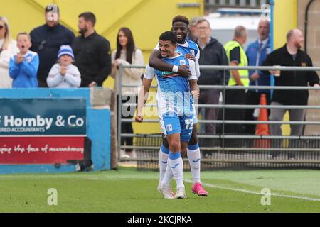 Barrow's Josh Gordon celebrates after scoring their second goal during the Sky Bet League 2 match between Barrow and Hartlepool United at Holker Street, Barrow-in-Furness on Saturday 14th August 2021. (Photo by Mark Fletcher/MI News/NurPhoto) Stock Photo