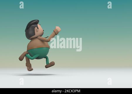 The man  with mustache wearing a brown long shirt green pants. He is jumping. 3d illustrator of cartoon character in acting. Stock Photo