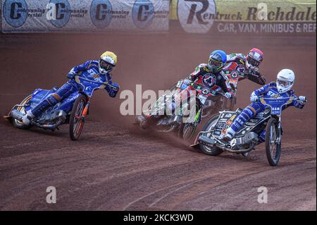 Erik Riss (White) and Lewis Kerr (Yellow) leads Charles Wright (Blue) and Steve Worrall (Red) during the SGB Premiership match between Belle Vue Aces and King's Lynn Stars at the National Speedway Stadium, Manchester, UK on 23rd August 2021. (Photo by Ian Charle/MI News/NurPhoto) Stock Photo