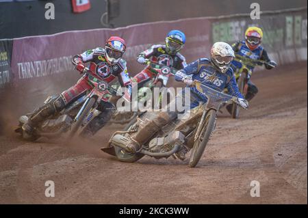 Richard Lawson (White) leads Steve Worrall (Red) Charles Wright (Blue) and Ben Barker (Yellow) during the SGB Premiership match between Belle Vue Aces and King's Lynn Stars at the National Speedway Stadium, Manchester, UK on 23rd August 2021. (Photo by Ian Charle/MI News/NurPhoto) Stock Photo