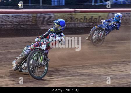 Charles Wright (Blue) leads Thomas Jorgensen (White) during the SGB Premiership match between Belle Vue Aces and King's Lynn Stars at the National Speedway Stadium, Manchester, UK on 23rd August 2021. (Photo by Ian Charle/MI News/NurPhoto) Stock Photo