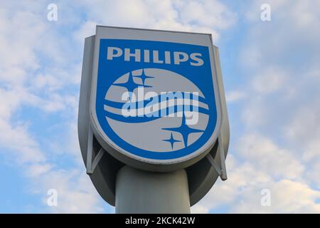 Philips logo sign in front of the office building in Warsaw, Poland on July 29, 2021. (Photo by Beata Zawrzel/NurPhoto) Stock Photo