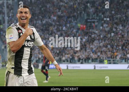 Manchester United have confirmed that Cristiano Ronaldo they have reached an agreement to re-sign Portugal's forward Cristiano Ronaldo from Juventus, in Manchester, England, on August 27, 2021. - FILE PHOTO: Cristiano Ronaldo #7 of Juventus FC celebrates after scoring the his goal during the serie A match between Juventus FC and Genoa CFC at Allianz Stadium on October 20, 2018 in Turin, Italy. (Photo by Giuseppe Cottini/NurPhoto) (Photo by Giuseppe Cottini/NurPhoto) Stock Photo