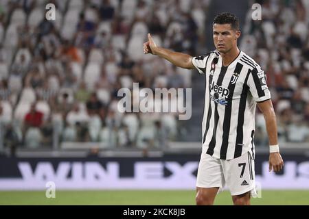 Manchester United have confirmed that Cristiano Ronaldo they have reached an agreement to re-sign Portugal's forward Cristiano Ronaldo from Juventus, in Manchester, England, on August 27, 2021. - FILE PHOTO: Cristiano Ronaldo of Juventus gestures during to the pre-season friendly match between Juventus and Atalanta BC at Allianz Stadium on August 14, 2021 in Turin, Italy. (Photo by Giuseppe Cottini/NurPhoto) (Photo by Giuseppe Cottini/NurPhoto) Stock Photo