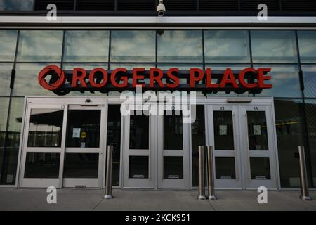 General view of the entrance to Rogers Place, a multi-use indoor arena in Edmonton. Thursday, August 26, 2021, in Edmonton, Alberta, Canada. (Photo by Artur Widak/NurPhoto) Stock Photo