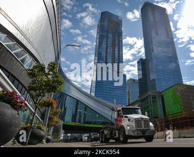 General view of the Rogers Place surroundings with in the JW Marriott and Stantec Towers in Edmonton and Edmonton's ICE District. Thursday, August 26, 2021, in Edmonton, Alberta, Canada. (Photo by Artur Widak/NurPhoto) Stock Photo