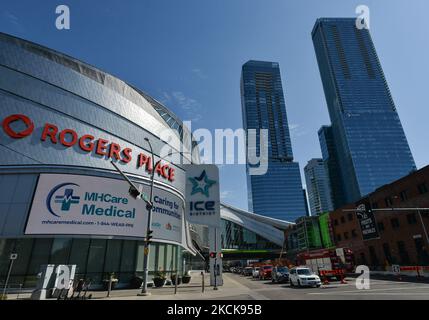 General view of the Rogers Place surroundings with in the JW Marriott and Stantec Towers in Edmonton and Edmonton's ICE District. Thursday, August 26, 2021, in Edmonton, Alberta, Canada. (Photo by Artur Widak/NurPhoto) Stock Photo