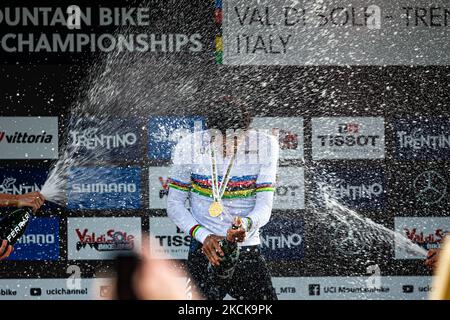 1st place Christopher BLEVINS of the USA, during the Cross Country Short Track XCC at the 2021 MTB World Championships, Mountain Bike cycling event on August 26, 2021 in Val Di Sole, Italy (Photo by Javier Martinez de la Puente/NurPhoto) Stock Photo