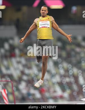 Leon Schaefer from Germany at longjump during athletics at the Tokyo Paralympics, Tokyo Olympic Stadium, Tokyo, Japan on August 28, 2021. (Photo by Ulrik Pedersen/NurPhoto) Stock Photo