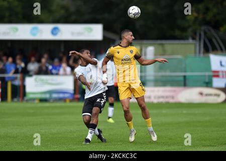 Oldham Athletic's Raphaël Diarra tussles with Omar Bugiel of Sutton United during the Sky Bet League 2 match between Sutton United and Oldham Athletic at the Knights Community Stadium, Gander Green Lane,, Sutton on Saturday 28th August 2021. (Photo by Eddie Garvey/MI News/NurPhoto) Stock Photo