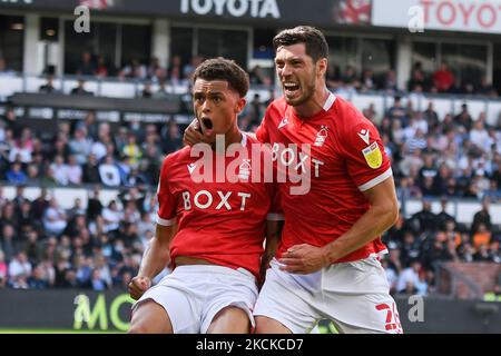 Brennan Johnson of Nottingham Forest celebrates with Scott McKenna of Nottingham Forest after scoring a goal to make it 1-1 during the Sky Bet Championship match between Derby County and Nottingham Forest at the Pride Park, Derby on Saturday 28th August 2021. (Photo by Jon Hobley/MI News/NurPhoto) Stock Photo