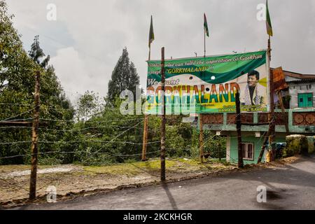 Sign calling for the separate state of Gorkhaland in Khurseng, West Bengal, India, on May 29, 2010. The Nepali community and political leaders have been pushing for Gorkhaland (a separate Nepali state where the Nepali community would remain part of India but break free from Siliguri and West Bengal). The Indian government has not recognized 'Gorkhaland' though many Nepali residents when asked claim to be living in the Gorkhaland territory. (Photo by Creative Touch Imaging Ltd./NurPhoto) Stock Photo