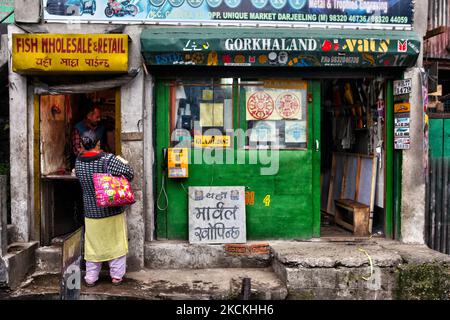 Shop with an address showing 'Gorkhaland' in Dareeling, West Bengal, India, on May 29, 2010. The Nepali community and political leaders have been pushing for Gorkhaland (a separate Nepali state where the Nepali community would remain part of India but break free from Siliguri and West Bengal). The Indian government has not recognized 'Gorkhaland' though many Nepali residents when asked claim to be living in the Gorkhaland territory. (Photo by Creative Touch Imaging Ltd./NurPhoto) Stock Photo