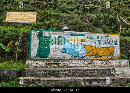 Sign showing the proposed map of the state of Gorkhaland in Khurseng, West Bengal, India, on May 29, 2010. The Nepali community and political leaders have been pushing for Gorkhaland (a separate Nepali state where the Nepali community would remain part of India but break free from Siliguri and West Bengal). The Indian government has not recognized 'Gorkhaland' though many Nepali residents when asked claim to be living in the Gorkhaland territory. (Photo by Creative Touch Imaging Ltd./NurPhoto) Stock Photo