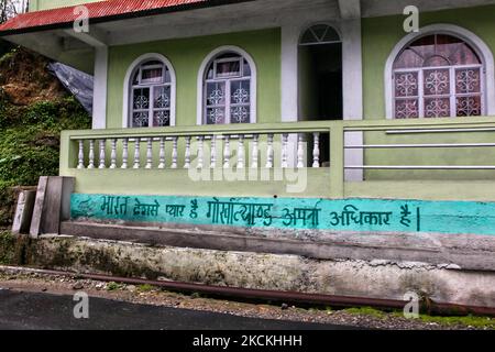 Gorkhaland mural below a home in Khurseng, West Bengal, India, on May 29, 2010. The Nepali community and political leaders have been pushing for Gorkhaland (a separate Nepali state where the Nepali community would remain part of India but break free from Siliguri and West Bengal). The Indian government has not recognized 'Gorkhaland' though many Nepali residents when asked claim to be living in the Gorkhaland territory. (Photo by Creative Touch Imaging Ltd./NurPhoto) Stock Photo