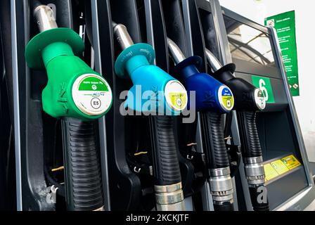 A fuel pump is seen at BP petrol station in Andrychow, Poland on August 29, 2021. (Photo by Jakub Porzycki/NurPhoto) Stock Photo