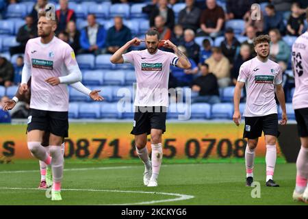 Oliver Banks of Barrow celebrates scoring his side's first goal of the game during the Sky Bet League 2 match between Oldham Athletic and Barrow at Boundary Park, Oldham on Saturday 4th September 2021. (Photo by Eddie Garvey/MI News/NurPhoto) Stock Photo