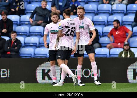 Oliver Banks of Barrow celebrates scoring his side's first goal of the game during the Sky Bet League 2 match between Oldham Athletic and Barrow at Boundary Park, Oldham on Saturday 4th September 2021. (Photo by Eddie Garvey/MI News/NurPhoto) Stock Photo