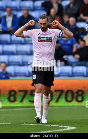 Oliver Banks of Barrow celebrates scoring his side's first goal of the game during the Sky Bet League 2 match between Oldham Athletic and Barrow at Boundary Park, Oldham on Saturday 4th September 2021. (Photo by Eddie Garvey/MI News/NurPhoto) Stock Photo