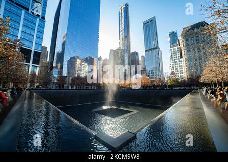 20th anniversary of the attack at the World Trade Center that took place on September 11, 2001 known as 9/11 is marked with the complete removal of the US forces from Afghanistan. Memorial site of the WTC known as Ground Zero or the Pile after the September 11 attacks in Lower Manhattan in New York City with two pools the North Pool and South Pool next to the memorial park and museum with the names appearing on the panels around the pool. New York City, NY, USA on January 25, 2020 (Photo by Nicolas Economou/NurPhoto) Stock Photo