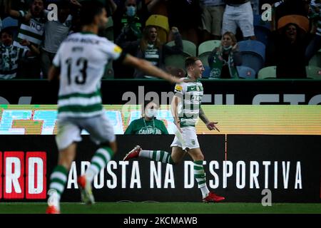 Nuno Santos of Sporting CP celebrates a goal during the Liga Portugal Bwin  match between Sporting CP and Paços de Ferreira at Estadio Jose  Alvalade.(Final score: Sporting CP 3:0 FC Paços de
