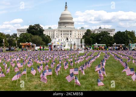 2,977 American flags decorate the National Mall at the Capitol, one for each victim of the September 11th World Trade Center attacks. (Photo by Allison Bailey/NurPhoto) Stock Photo