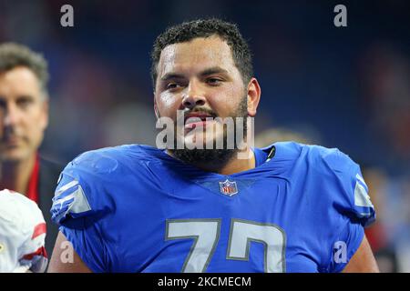Detroit Lions guard Jonah Jackson (73) warms up before an NFL football ...