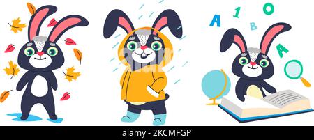 Rabbit characters in autumn, back to school bunny Stock Vector