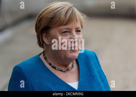 FRANCE â€“ PARIS â€“ GERMANY - POLITICS German Chancellor Angela Merkel speaks for the press at the Elysee Presidential Palace for a meeting and a working dinner at the Elysee Presidential Palace - September 16, 2021, Paris (Photo by Daniel Pier/NurPhoto) Stock Photo