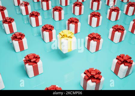 Gift box with yellow ribbons on a blue table 3d render. Stock Photo