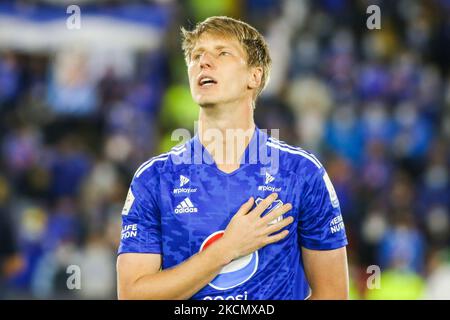 Andres Llinas of Millonarios FC during the match against Atletico Huila played at the Nemesio Camacho El Campin stadium in the city of Bogota., Colombia, on September 18, 2021. (Photo by Daniel Garzon Herazo/NurPhoto) Stock Photo