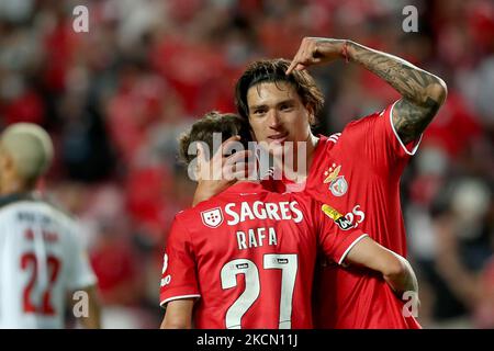 Darwin Nunez of SL Benfica (R ) celebrates with Rafa Silva after scoring his second goal during the Portuguese League football match between SL Benfica and Boavista FC at the Luz stadium in Lisbon, Portugal on September 20, 2021. (Photo by Pedro FiÃºza/NurPhoto) Stock Photo