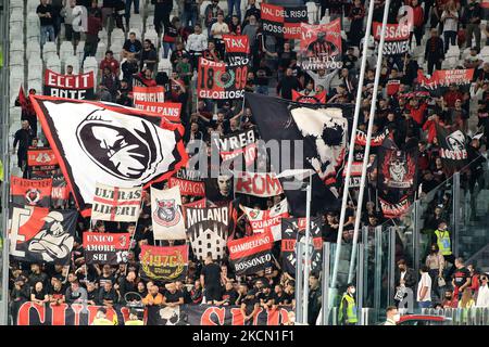Supporters of AC Milan during the Italian football Serie A match Juventus FC vs AC Milan on September 19, 2021 at the Allianz Stadium in Turin, Italy (Photo by Claudio Benedetto/LiveMedia/NurPhoto) Stock Photo