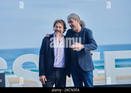 The Spanish actors Javier Bardem, Fernando Albizu, Almudena Amor, Celso Bugallo, Oscar de la Fuente, Tarik Rmili, Manolo Solo, Jaume Roures Llop, Sonia Almarcha and the Spanish Director Fernando Leon de Aranoa attends El Buen Patron Photocall at the 69th San Sebastian Film Festival, in San Sebastian, Spain, on September 21, 2021. (Photo by COOLMedia/NurPhoto) Stock Photo