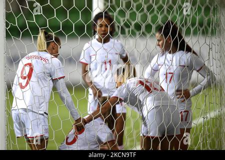 Ana-Maria Crnogorcevic, Coumba Sow, Svenja Folmli, Riola Xhemaili reacts during the FIFA Women's World Cup 2023, Qualifying Round game, between Moldova and Switzerland, played on Zimbru Stadium, in Chisinau, Moldova, Tuesday, 21 September 2021. (Photo by Alex Nicodim/NurPhoto) Stock Photo