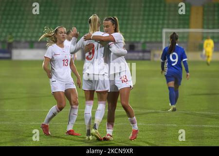 Ana-Maria Crnogorcevic, Lia Walti and Riola Xhemaili celebrate during the FIFA Women's World Cup 2023, Qualifying Round game, between Moldova and Switzerland, played on Zimbru Stadium, in Chisinau, Moldova, Tuesday, 21 September 2021. (Photo by Alex Nicodim/NurPhoto) Stock Photo