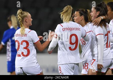 Riola Xhemaili, Ana-Maria Crnogorcevic, Svenja Folmli and Alisha Lehmann celebrate during the FIFA Women's World Cup 2023, Qualifying Round game, between Moldova and Switzerland, played on Zimbru Stadium, in Chisinau, Moldova, Tuesday, 21 September 2021. (Photo by Alex Nicodim/NurPhoto) Stock Photo