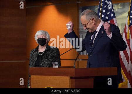 Senate Majority Leader Chuck Schumer(D-NY) alongside Secretary of the Treasury Janet Yellen speaks about infrastructure and budget legislation bill during her weekly press conference today on September 23, 2021 at HVC/Capitol Hill in Washington DC, USA. (Photo by Lenin Nolly/NurPhoto) Stock Photo