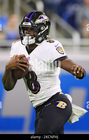 Baltimore Ravens quarterback Lamar Jackson (8) is interviewed after an ...